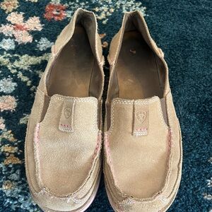 Ariat Tan Suede Loafers with Pink Accents